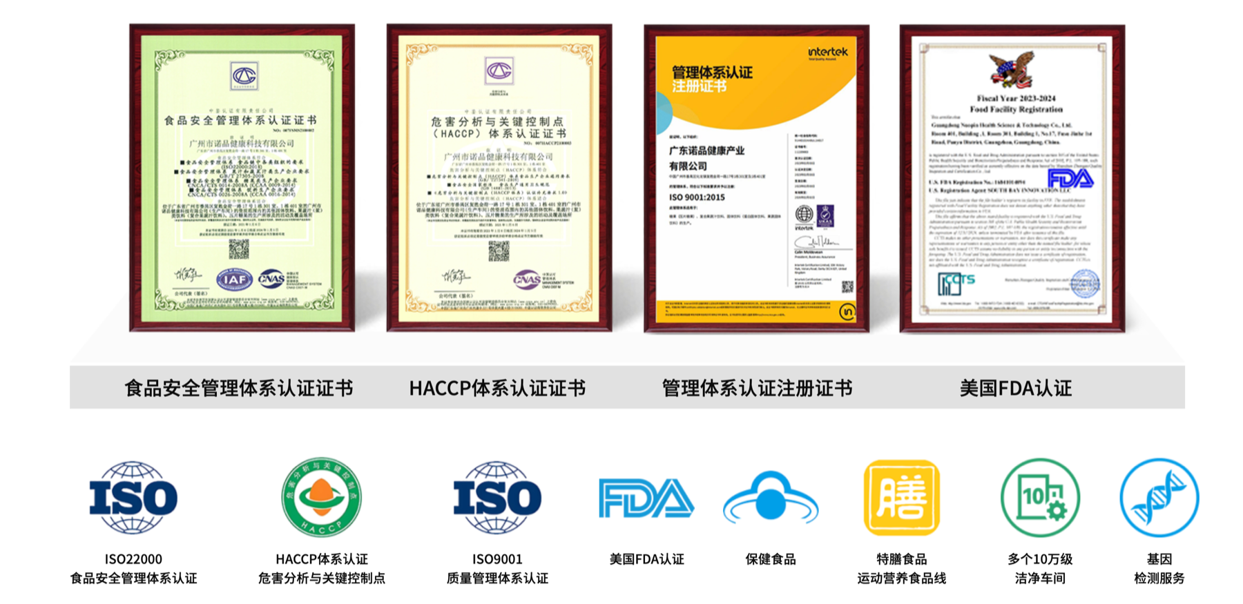 诺品健康食品安全管理体系、HACCP、ISO9001、FDA、洁净车间等资质荣誉展示